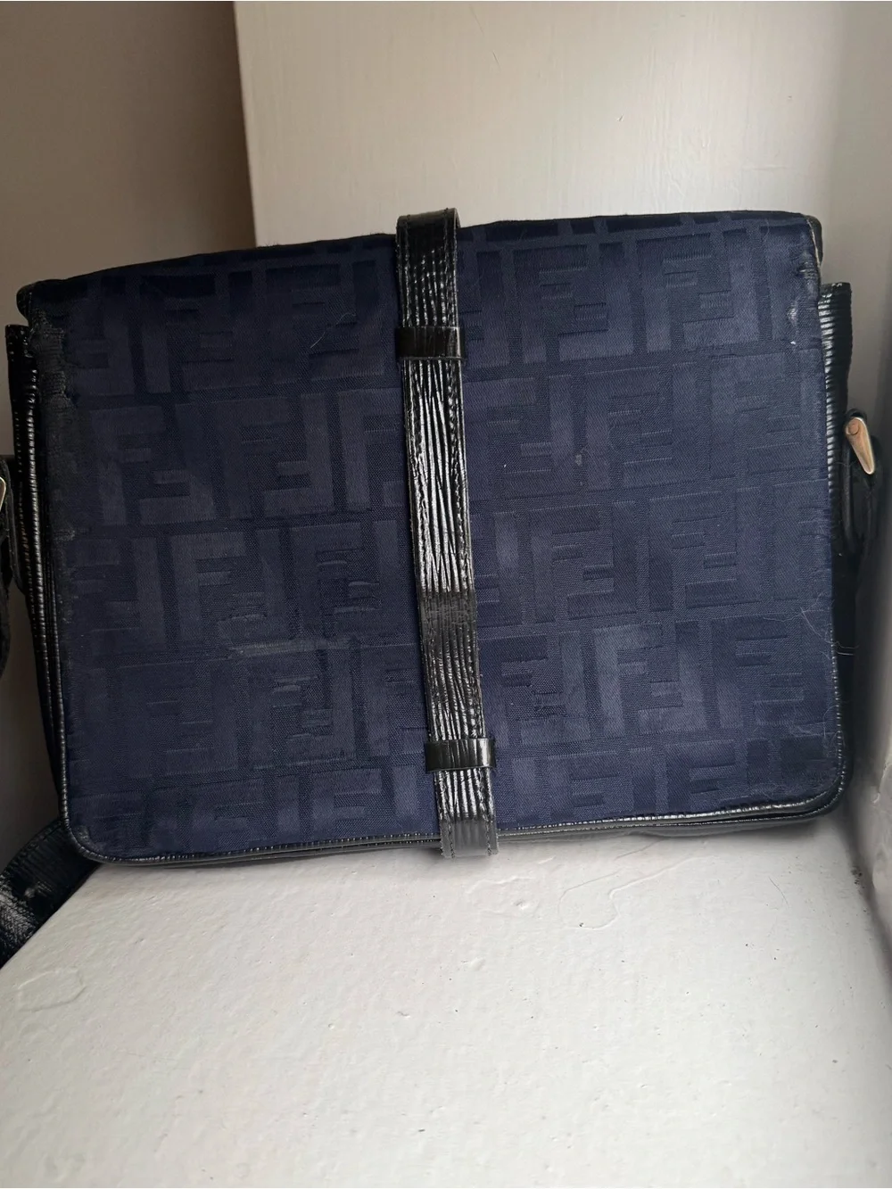 Fendi Vintage circa 90s Navy Blue Canvas Shoulder Bag with Black Leather Trim - Picture 12 of 16